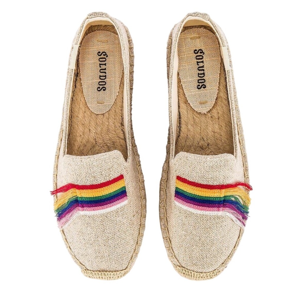 SOLUDOS Pride Smoking‎ Slipper in Sand Rainbow Striped Espadrille Flats Tan 9